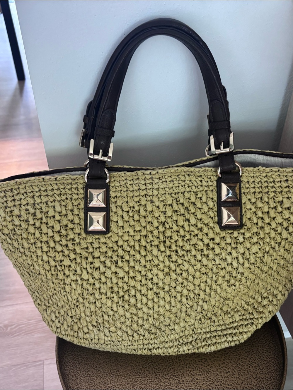 Michael Kors Olive Woven Shoulder Tote with Dark Brown Leather Handles